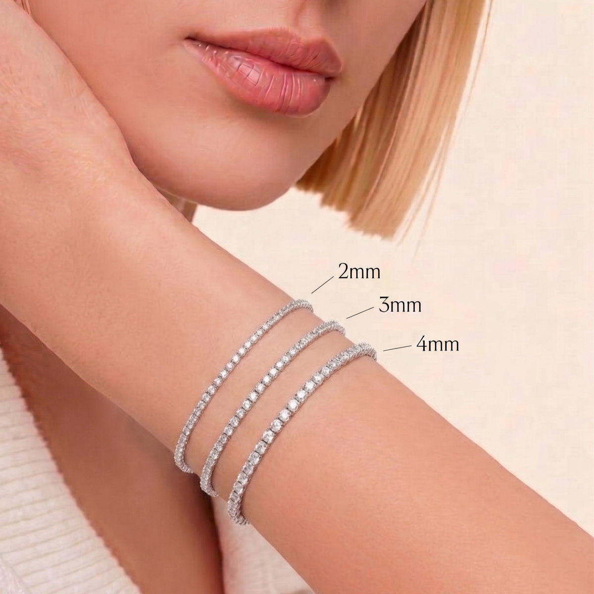 Tennis Bracelet in 925 sterling silver with lab-grown moissanite, worn on model