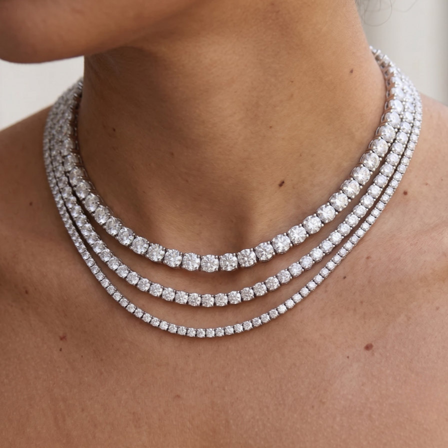 Tennis Necklace in 925 sterling silver with lab-grown moissanite, worn on model